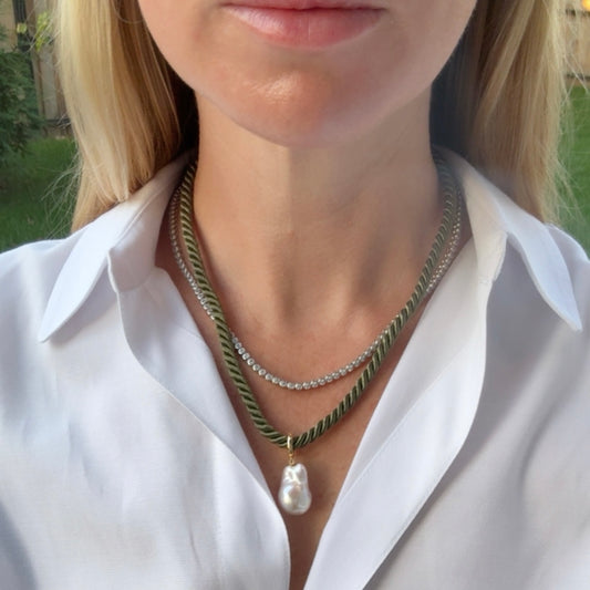 Baroque Pearl Charm Necklace, Olive