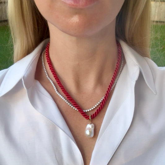 Baroque Pearl Charm Necklace, Red