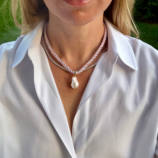 Baroque Pearl Charm Necklace, Light Pink
