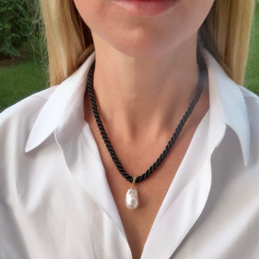 Baroque Pearl Charm Necklace, Black