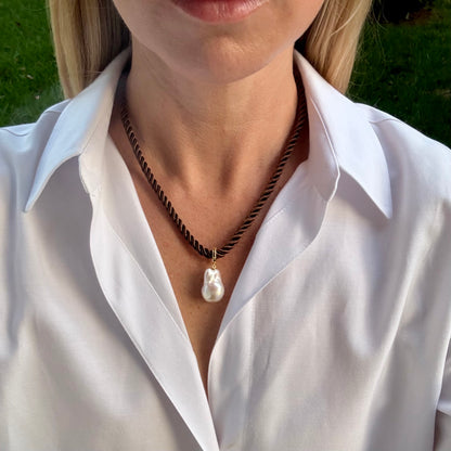 Baroque Pearl Charm Necklace, Chocolate