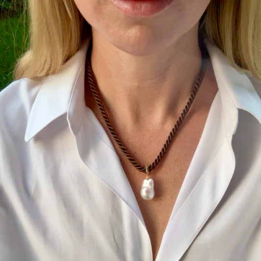 Baroque Pearl Charm Necklace, Chocolate
