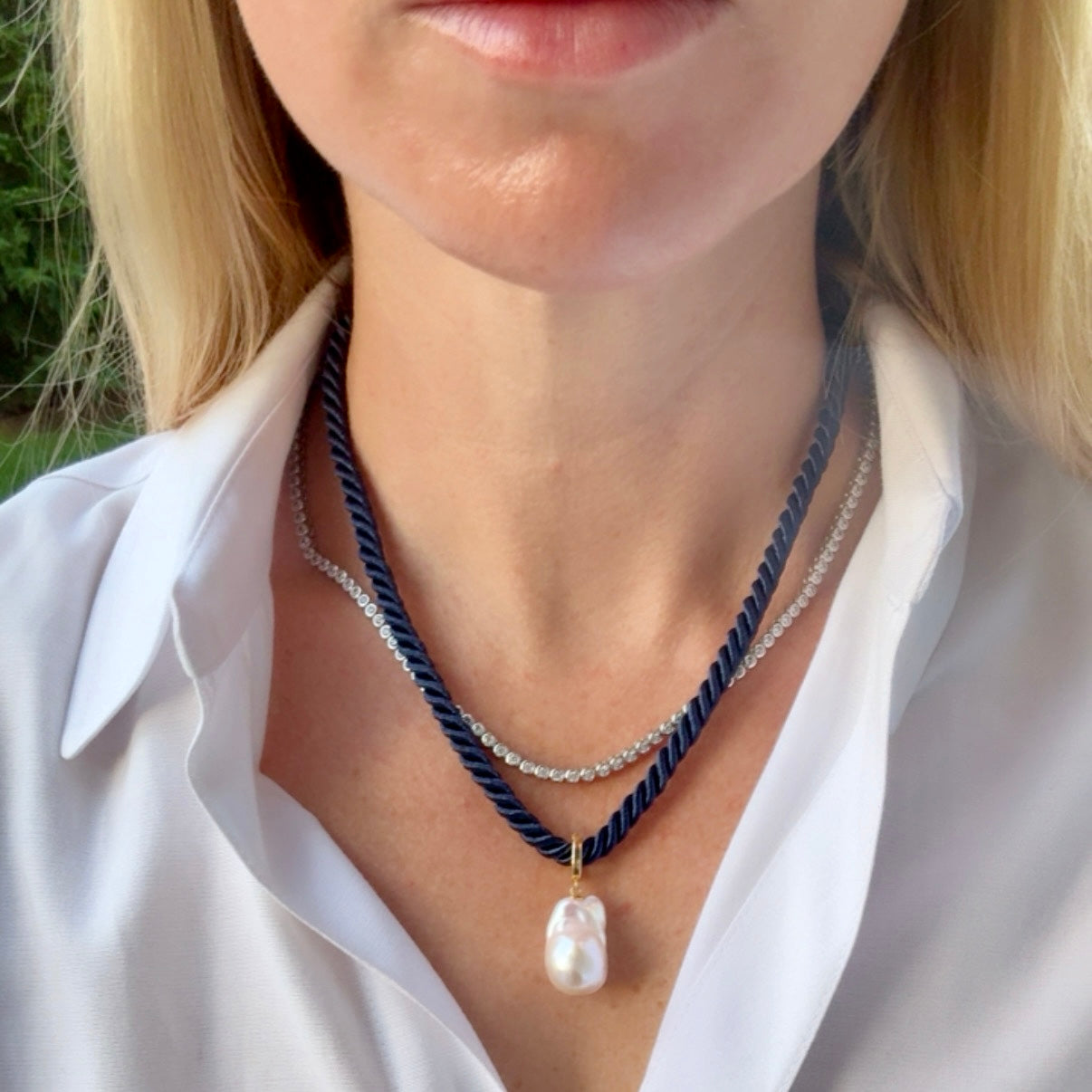 Baroque Pearl Charm Necklace, Navy