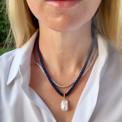 Baroque Pearl Charm Necklace, Navy