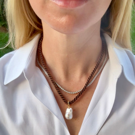 Baroque Pearl Charm Necklace, Chocolate