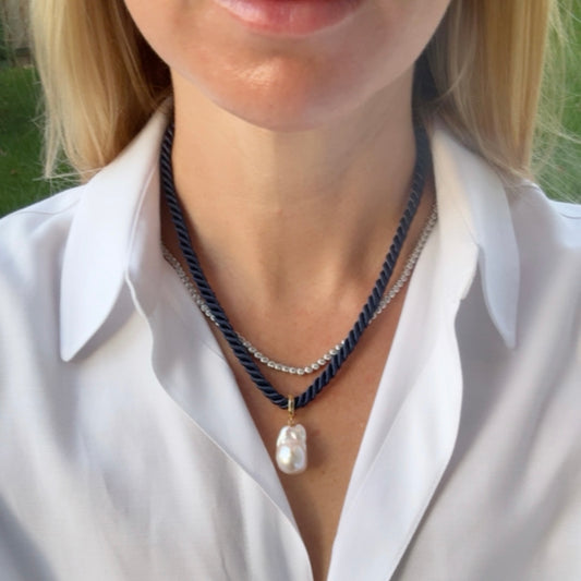 Baroque Pearl Charm Necklace, Navy