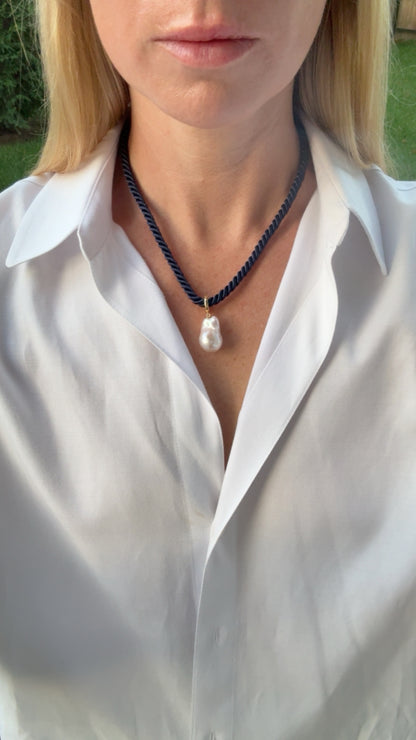 Baroque Pearl Charm Necklace, Navy