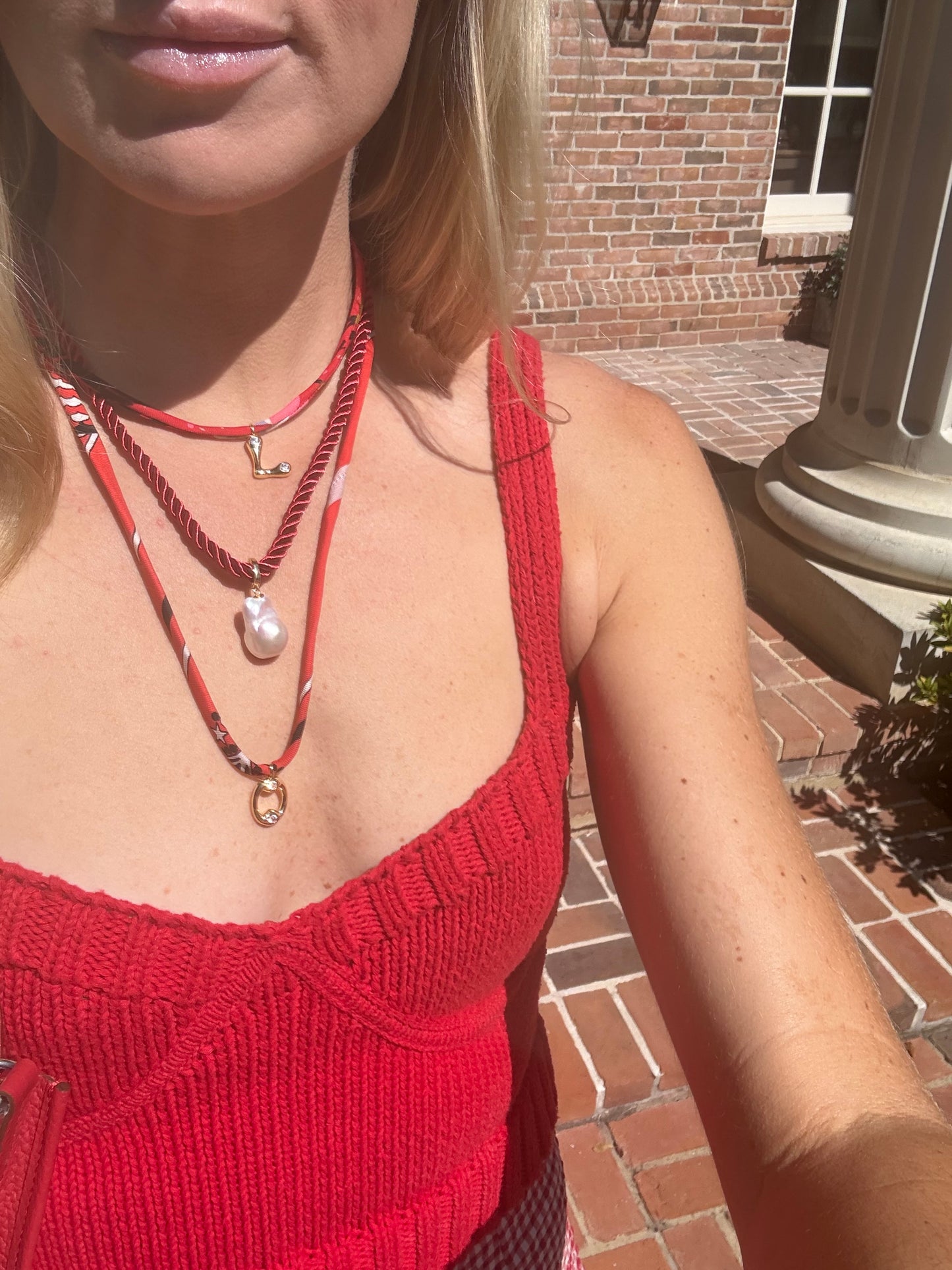 Baroque Pearl Charm Necklace, Red
