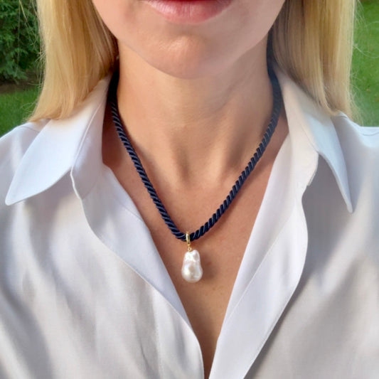 Baroque Pearl Charm Necklace, Navy