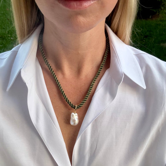 Baroque Pearl Charm Necklace, Olive
