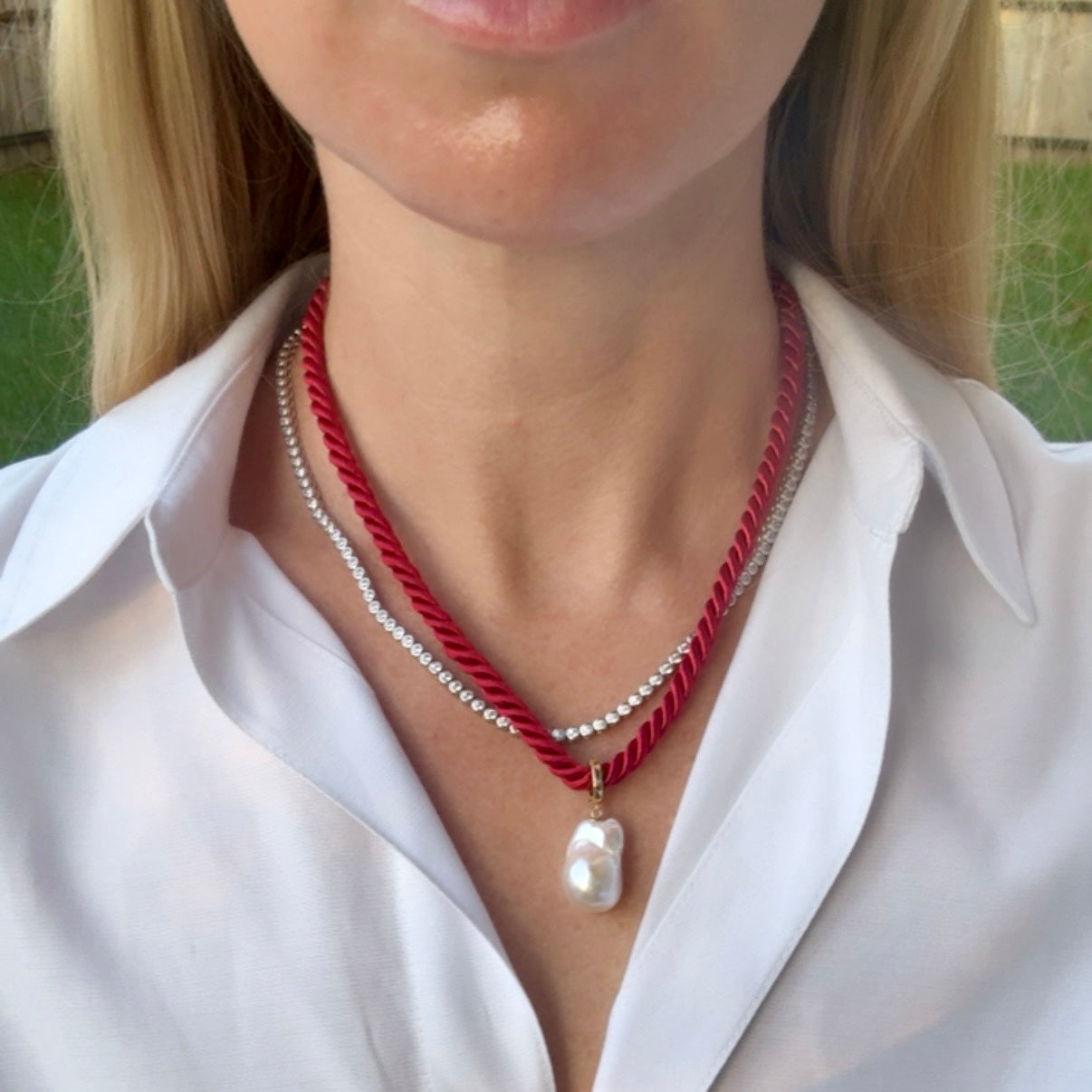 Baroque Pearl Charm Necklace, Red