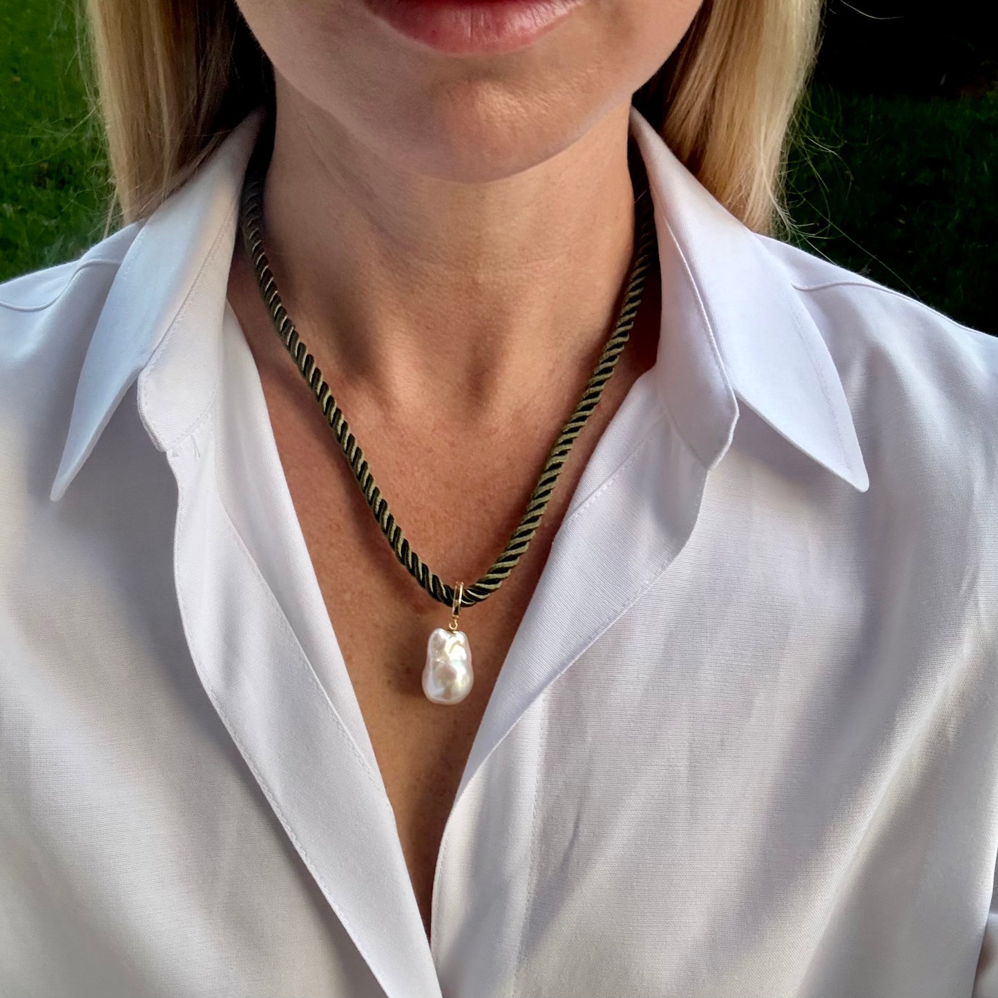 Baroque Pearl Charm Necklace, Olive