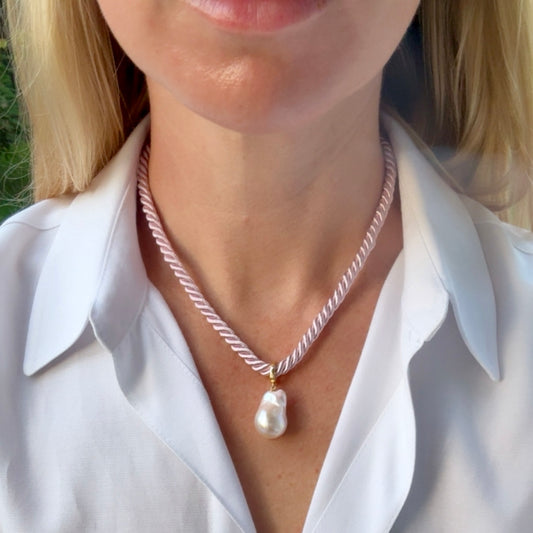 Baroque Pearl Charm Necklace, Light Pink