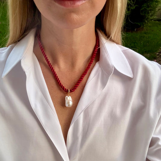 Baroque Pearl Charm Necklace, Red